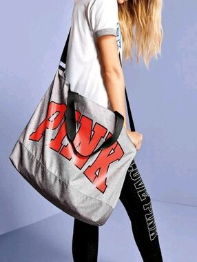 Victoria's Secret Pink Carryall Getaway Weekender XL Tote Bag Gray Hot Pink Logo